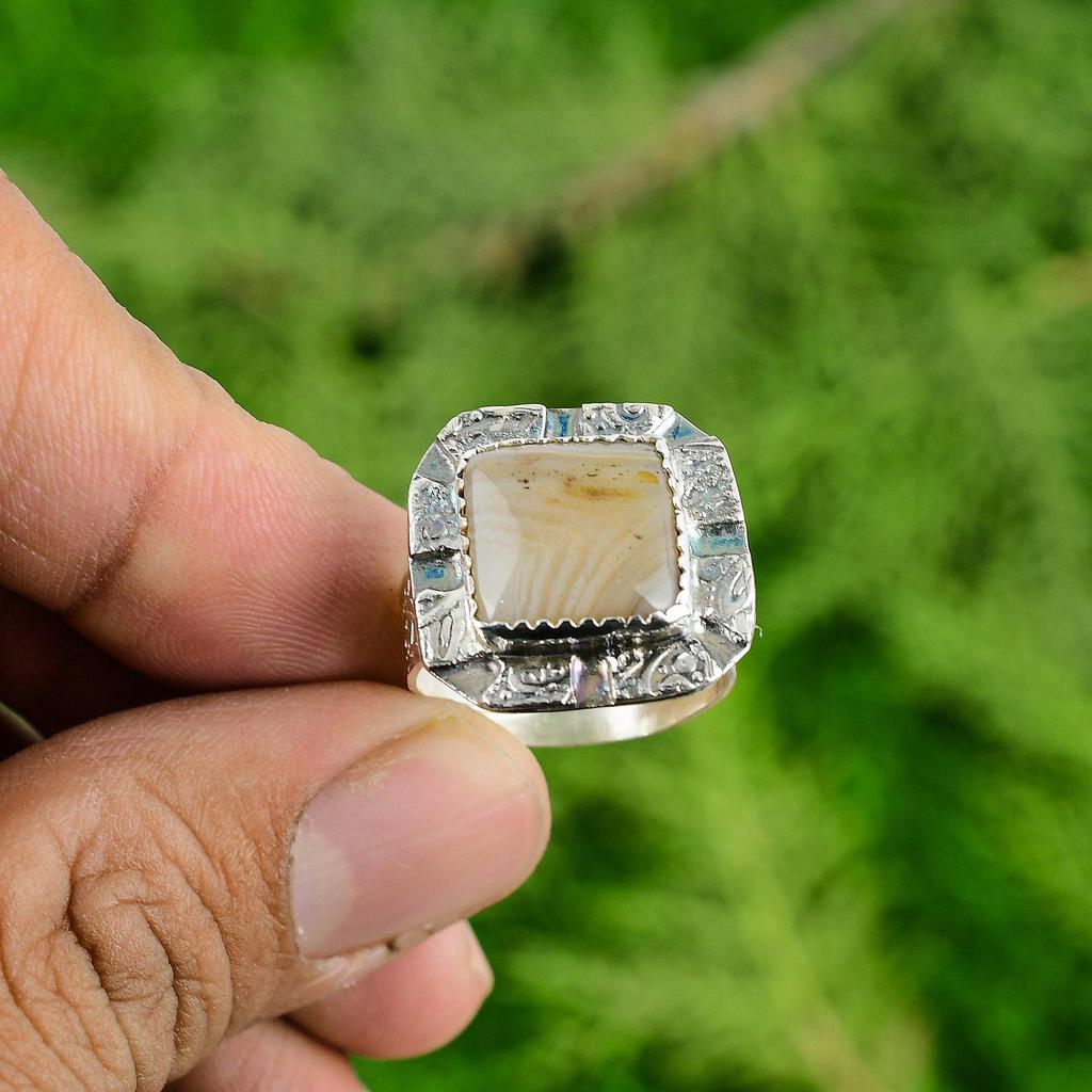 Sterling Silver Botswana Agate Gemstone Solitaire Elegant Artisan Ring Jewelry