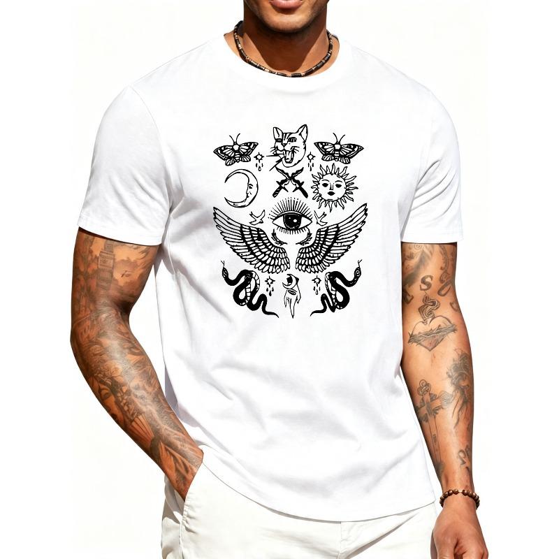 European sizes Men'S Graphic T-Shirt - Breathable Soft Lightweight - Eye Wings Snake Moon Sun Cat Butterfly - Retro Funny Graphic Casual