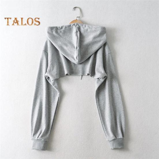 Women Short Hoodie Irregular Solid Color Hooded Long Sleeves Drawstring Elastic Cuff Loose Individual Sport Streetwear Daily Top
