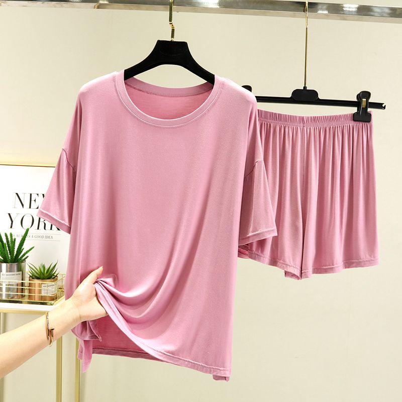 

Modal Short-Sleeved T-Shirt Two-piece Set Women s Summer Thin Loose-Fitting Loungewear Pajamas Versatile Bottoming Top Shorts Suit Leather pink 2XL (70.00 kg-80.00 kg recommended