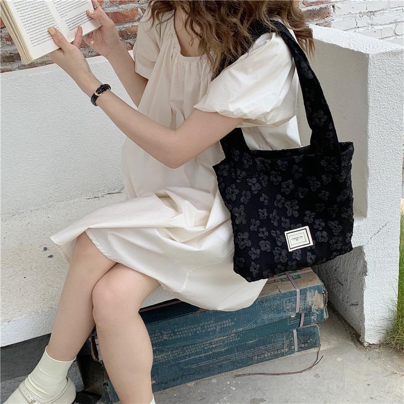 1 bag women's retro jacquard small flower double shoulder shoulder bag portable underarm college student lightweight tote bag