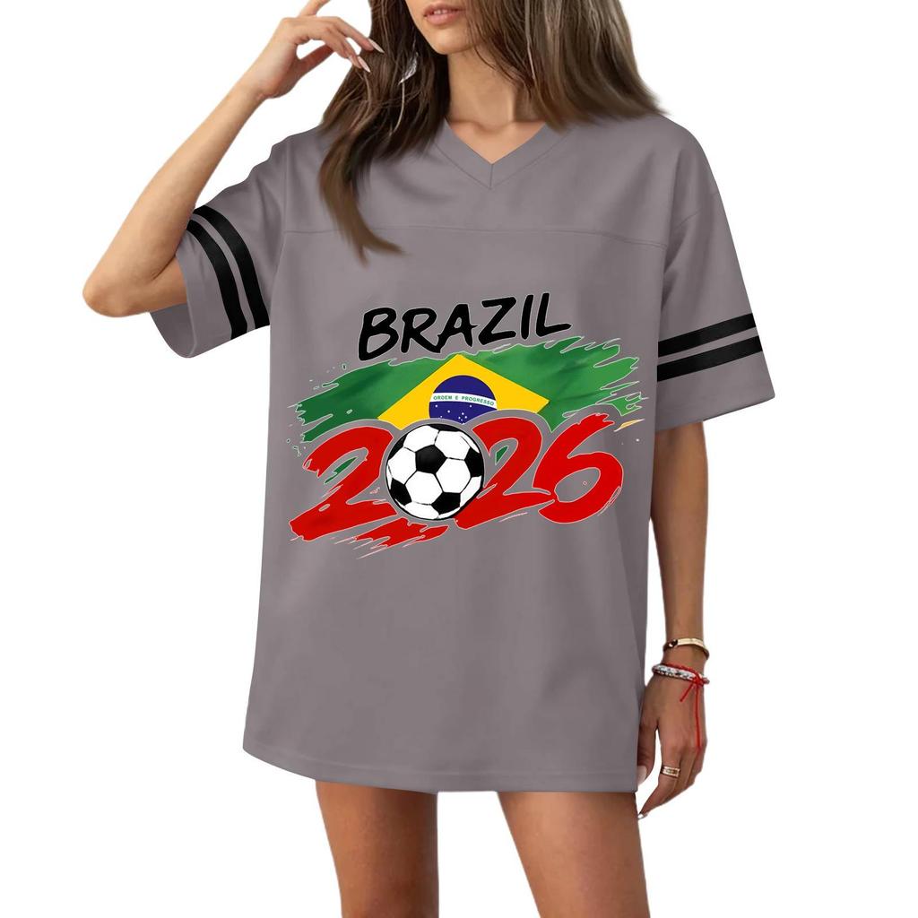 Women V Neck Short Sleeve Casual Top with Football Flag Print Loose Fit Sports T Shirt for 2026 Event Design