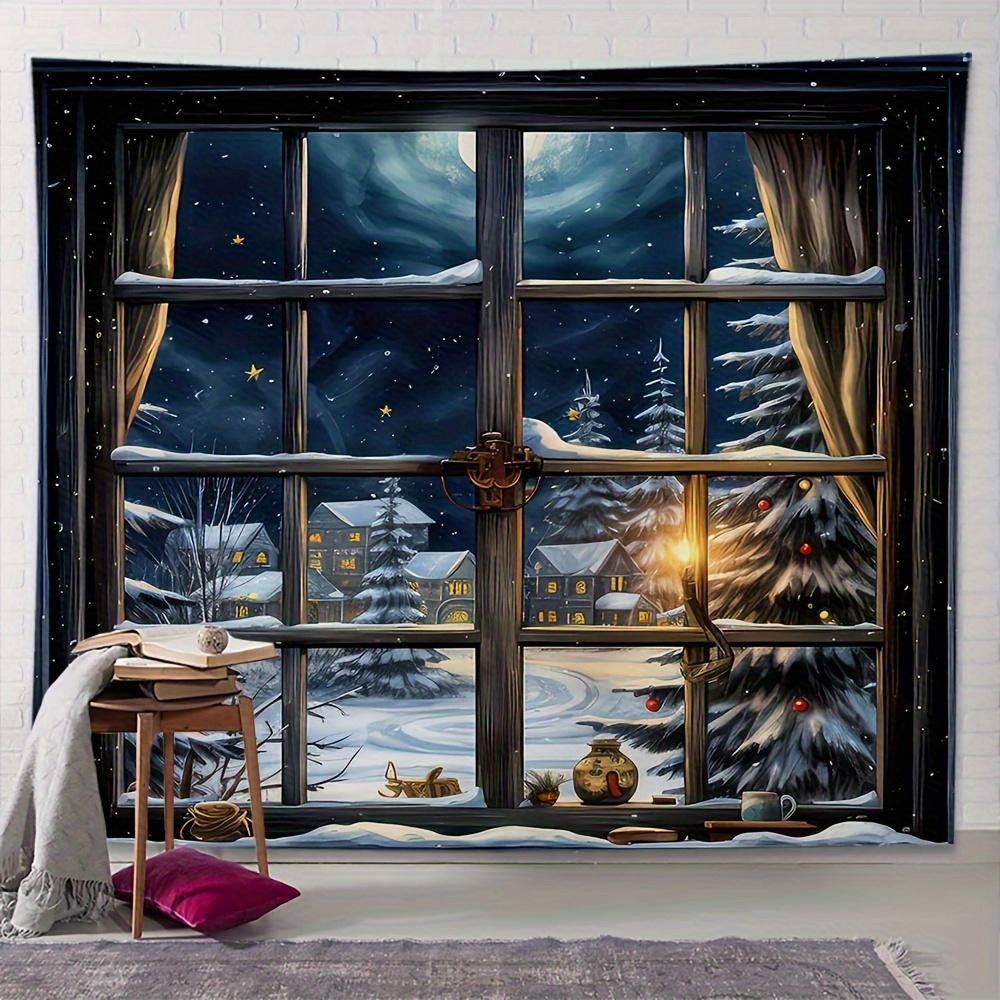 

Рождественское небо и снежная сцена Настенный гобелен Рождественское настенное украшение Елка Настенное украшение Великолепная рождественская елка Камин Подарки 150x130cm