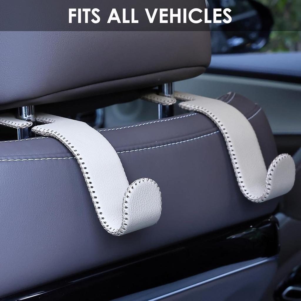 Leather Car Hooks For Headrest - Fully Leather-Wrapped U-Shaped Purse Holder For Car, Flexible Seat Back Organizer & Durable Car Accessories For