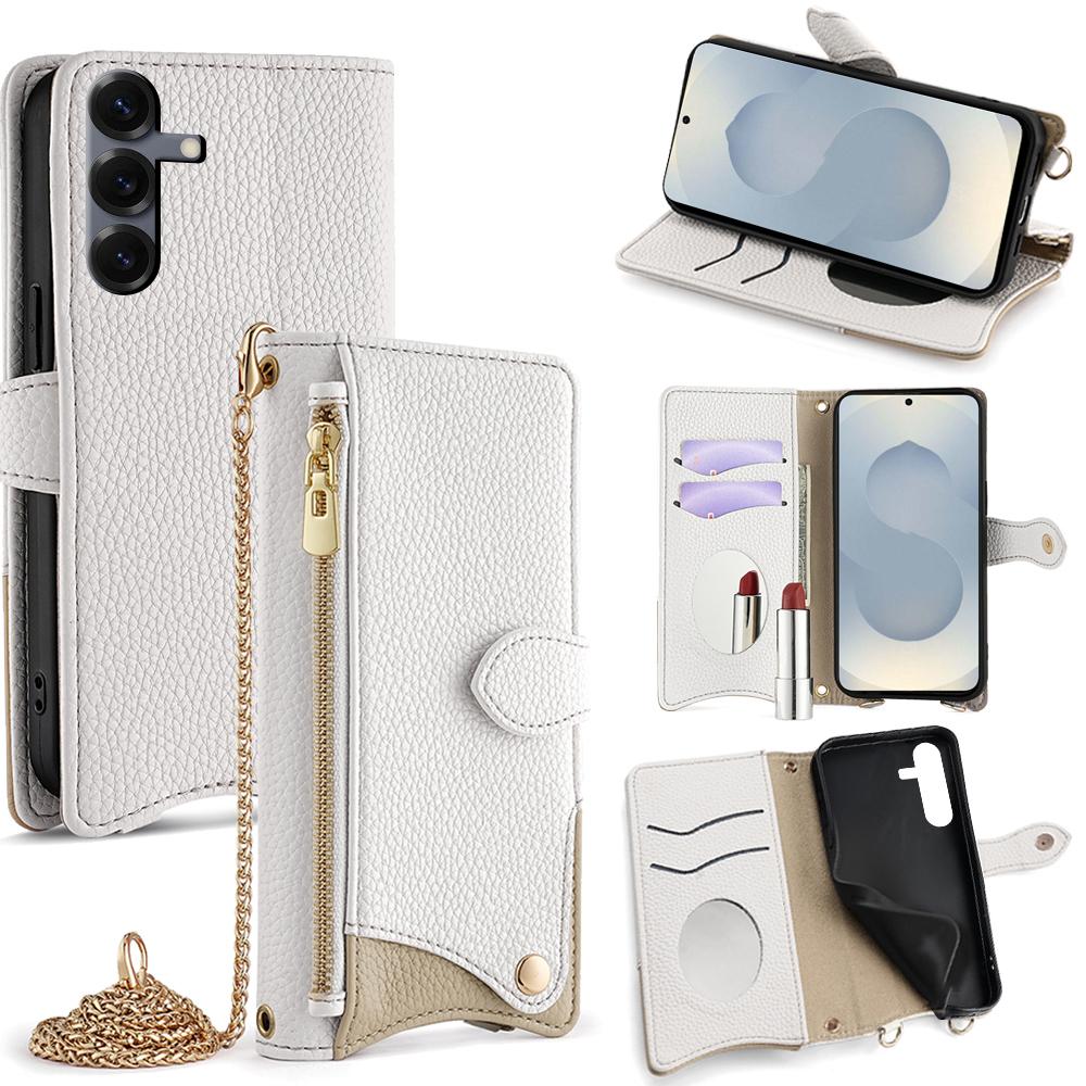 

Для Samsung Galaxy S25 Чехол-кошелек Дизайн «Рыбий хвост» Кожаный чехол для телефона с зеркалом/подставкой/ремешком White