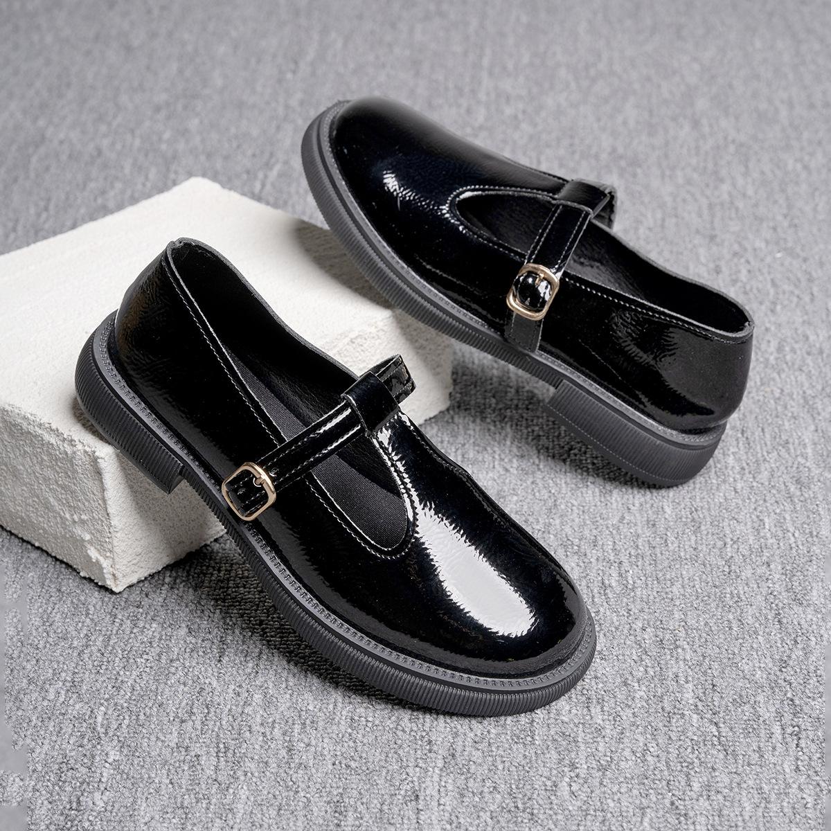 Belt buckle single shoes retro round head new fashion British style small leather shoes flat thick heel women s shoes 35