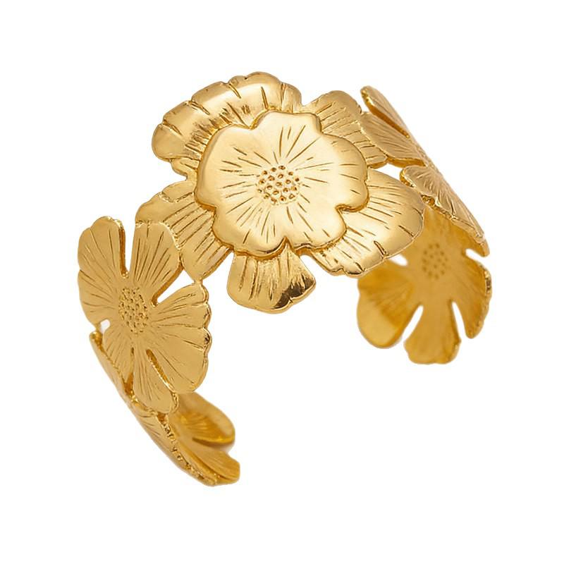 Gold Metal Open Bangle with Large Floral Design - High-End Women's Statement Jewelry