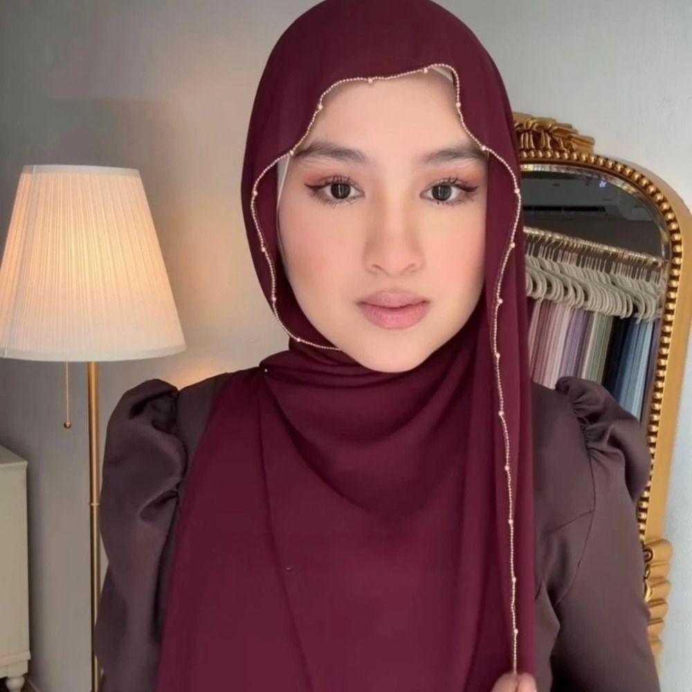 Beads Chain Hijab Scarf Long Islamic Turban Fashion Ethnic Style Scarf  Daily