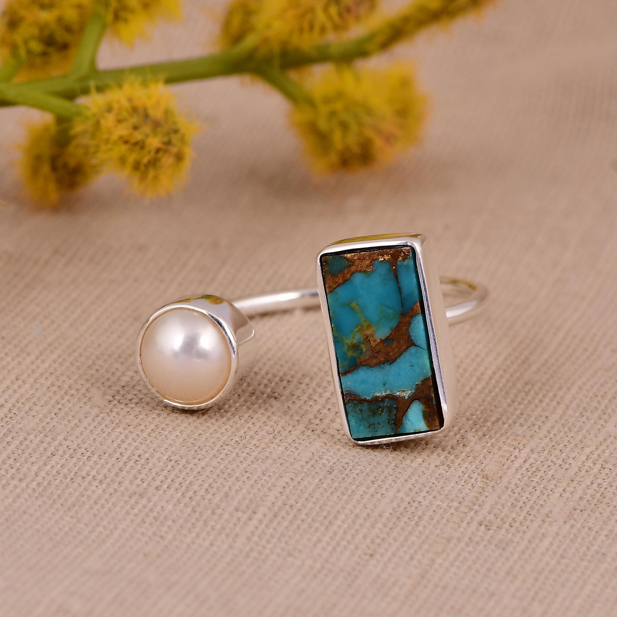 Handmade Turquoise & Pearl Adjustable Open Ring in Sterling Silver | Boho Gemstone Statement Ring. 5