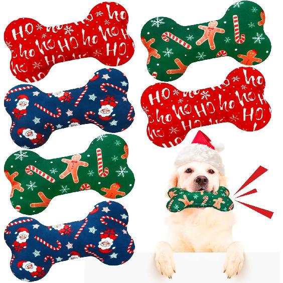6 Pack Christmas Dog Squeaky Bone Toys Plush Interactive Dog Pets Birthday Bone Shape Stuffed Chew Toys for Puppy Small Medium Large Squeak Toss Play