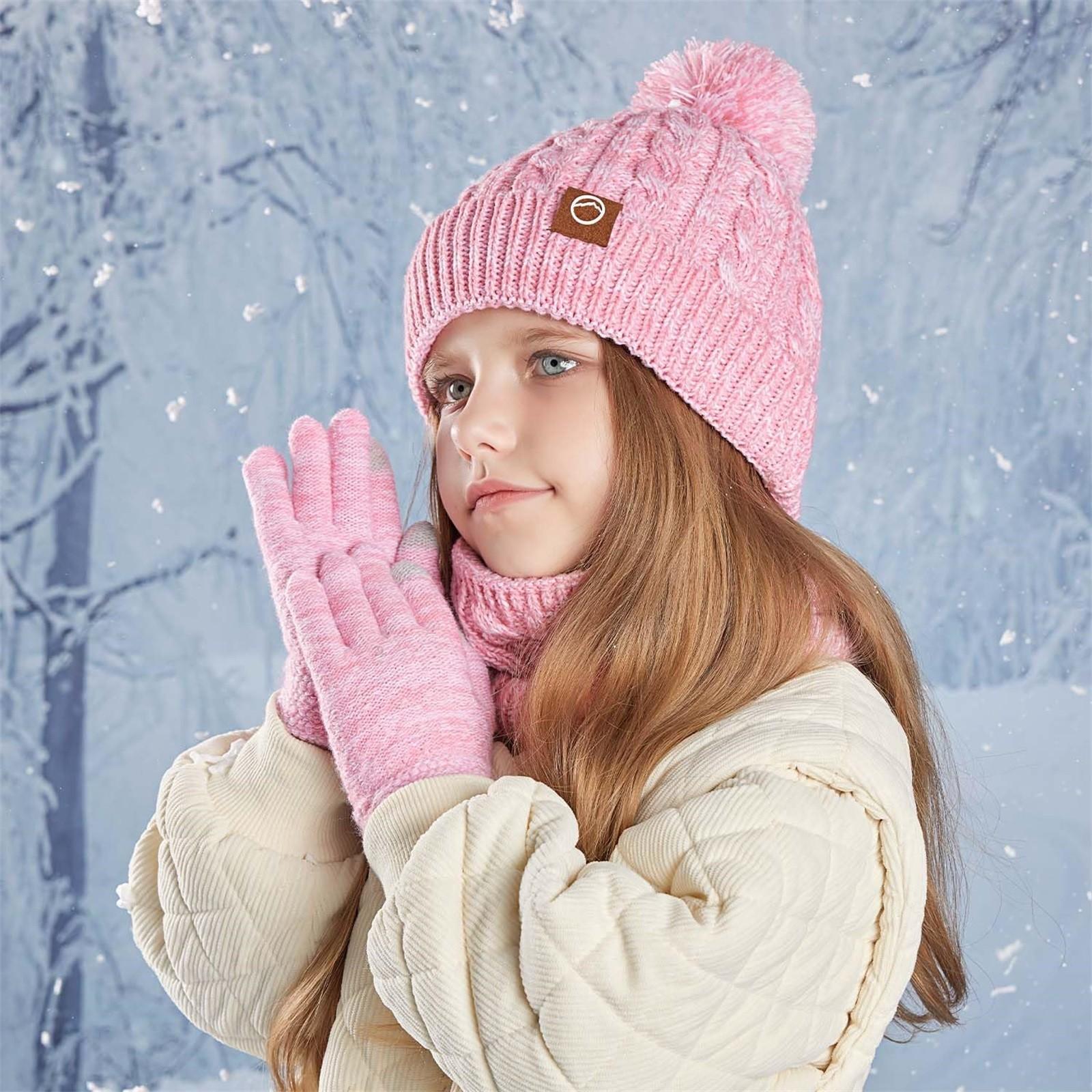 

Детский зимний комплект из шапки, перчаток, шарфа, для девочек и мальчиков, комплект из помпонов, шапок, перчаток, вязаный комплект с толстой флисовой подкладкой для 4-10 детей One Size арбуз красный