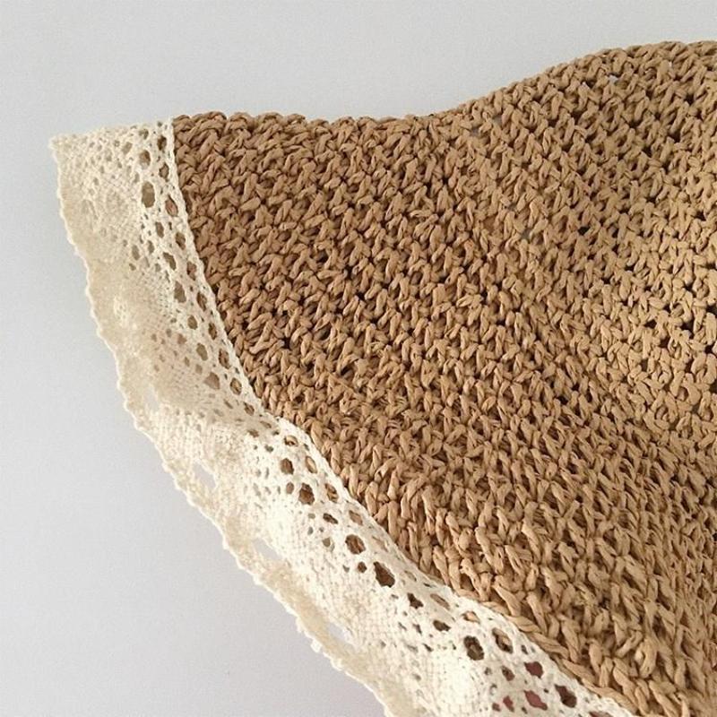 Summer Bucket Hat Women Lace Sun Hats for Wide Brim Straw Beach Side Cap Floppy Female Straw Hat Lace Solid Fringe Straw Hat