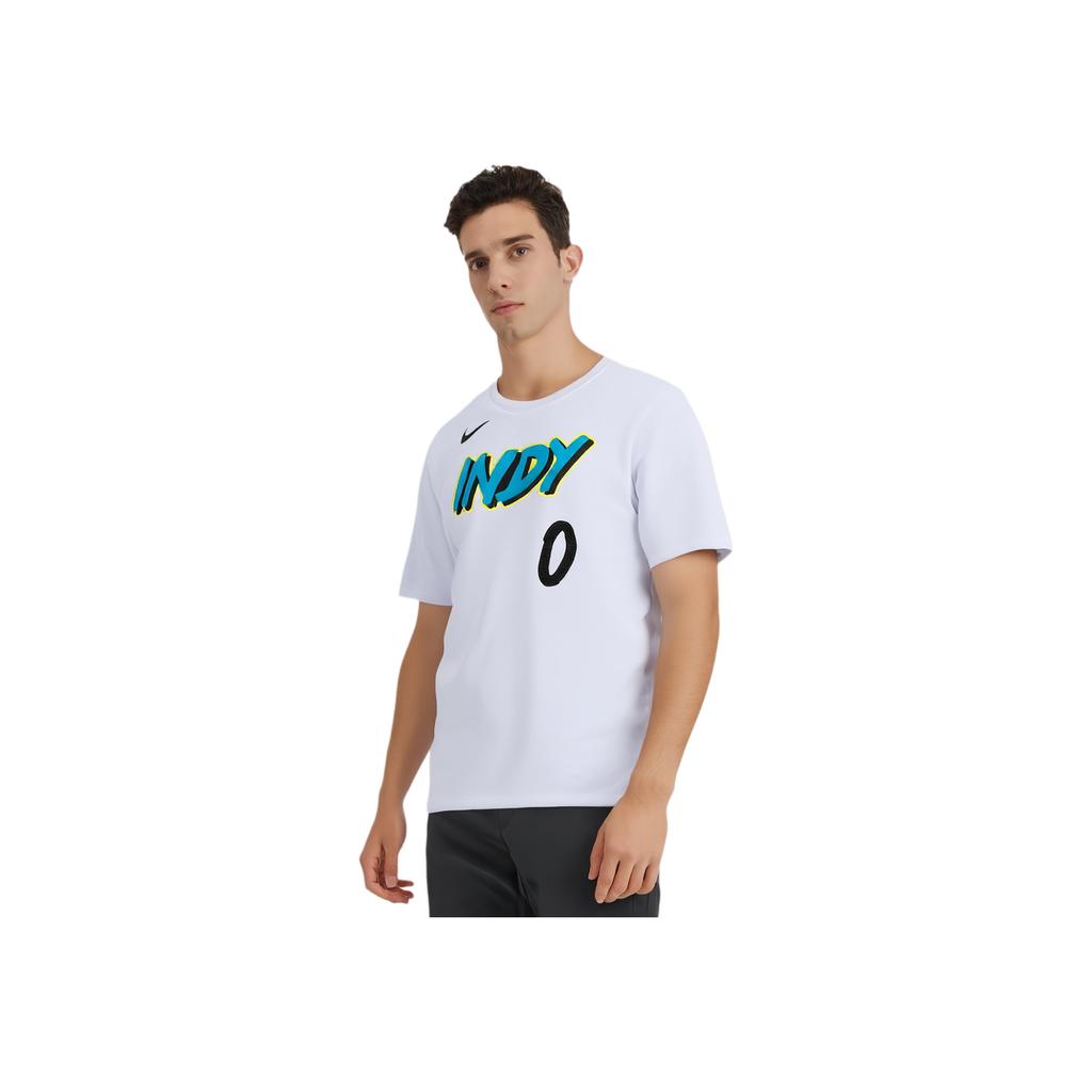 Nike X Colaboración NBA Indiana Pacers FW24 Tyrese Haliburton Esencial City Edition Logo Cuello Redondo Manga Corta Camiseta Hombre Tops Blanco HJ2775-101