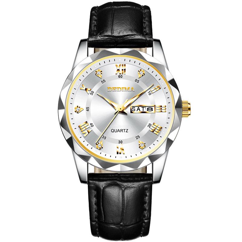 Men's Waterproof Luminous Quartz Watch with Leather Strap & Steel Band