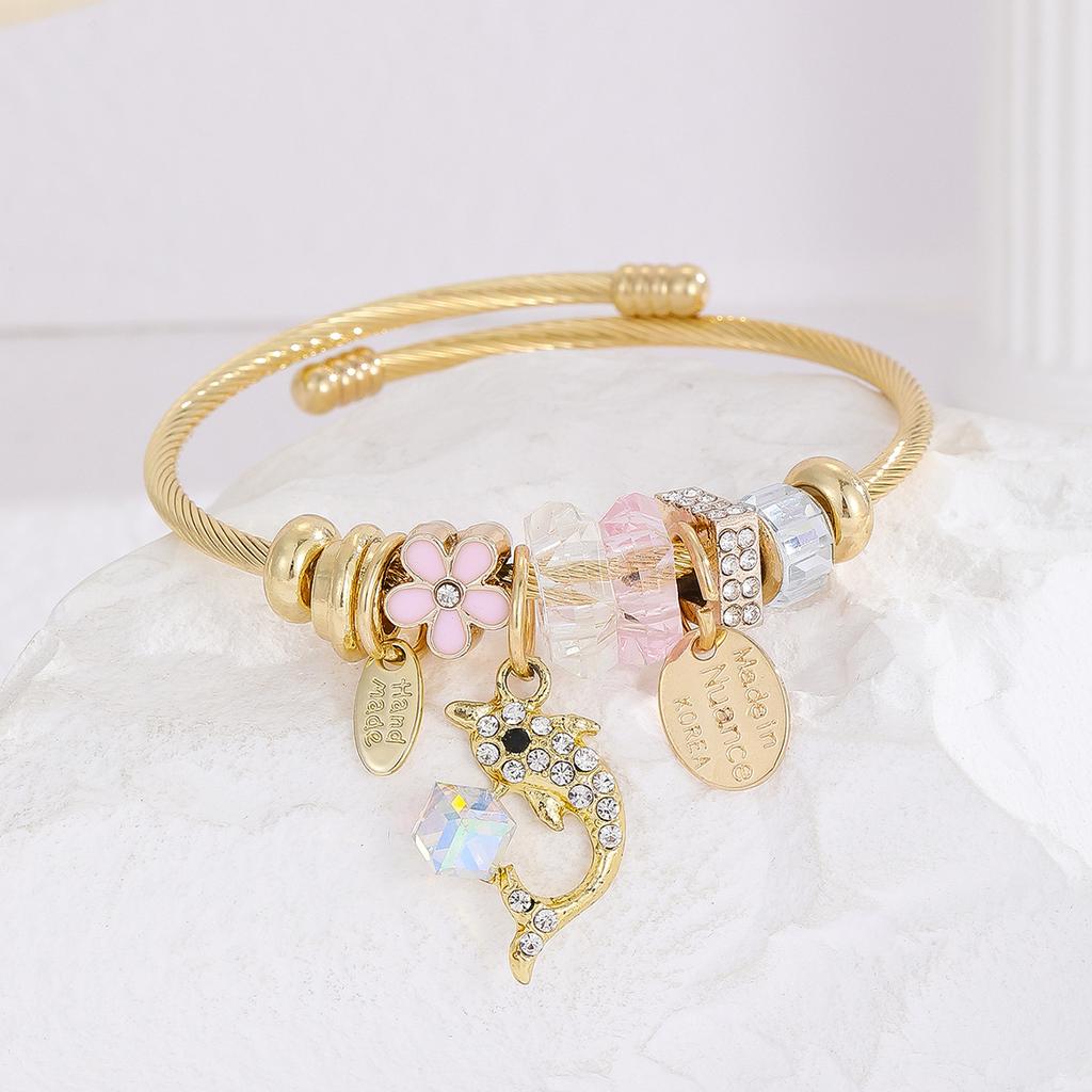Gold Plated Bracelet for Women with Diamond Inlay, Fish Tail Dolphin Alloy Pendant, Adjustable Wristband