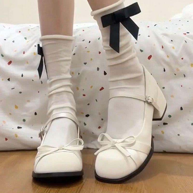 French Gentle Mary Jane Small Leather Shoes Women's 2025 Summer New with Skirt Bow One-word Buckle High-heeled Shoes