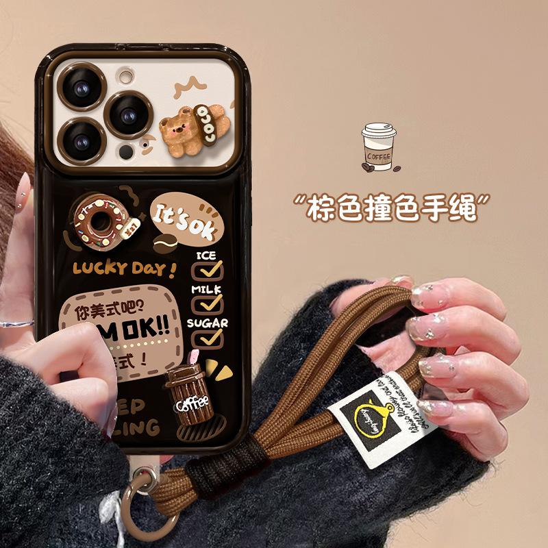 Applicable Apple 15promax Coffee Doll Lanyard iPhone14 Flip Mirror 16/13 Silicone 7 Mobile Phone Case
