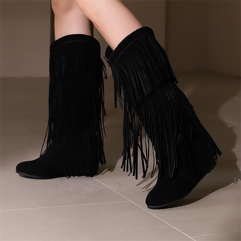 FOREADA Women Knee High Cowboy Boots Round Toe Height Incresing Mid Heels Tassel Western Long Boots Ladies Fashion Shoes Winter 46