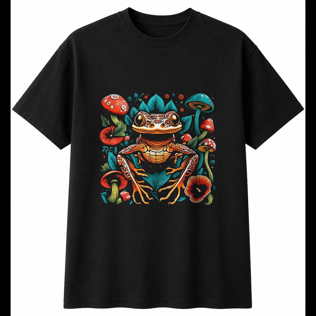 Tattoo Newt with Mushrooms Mens T-Shirt Reptile Black 100% Cotton Animal Printed