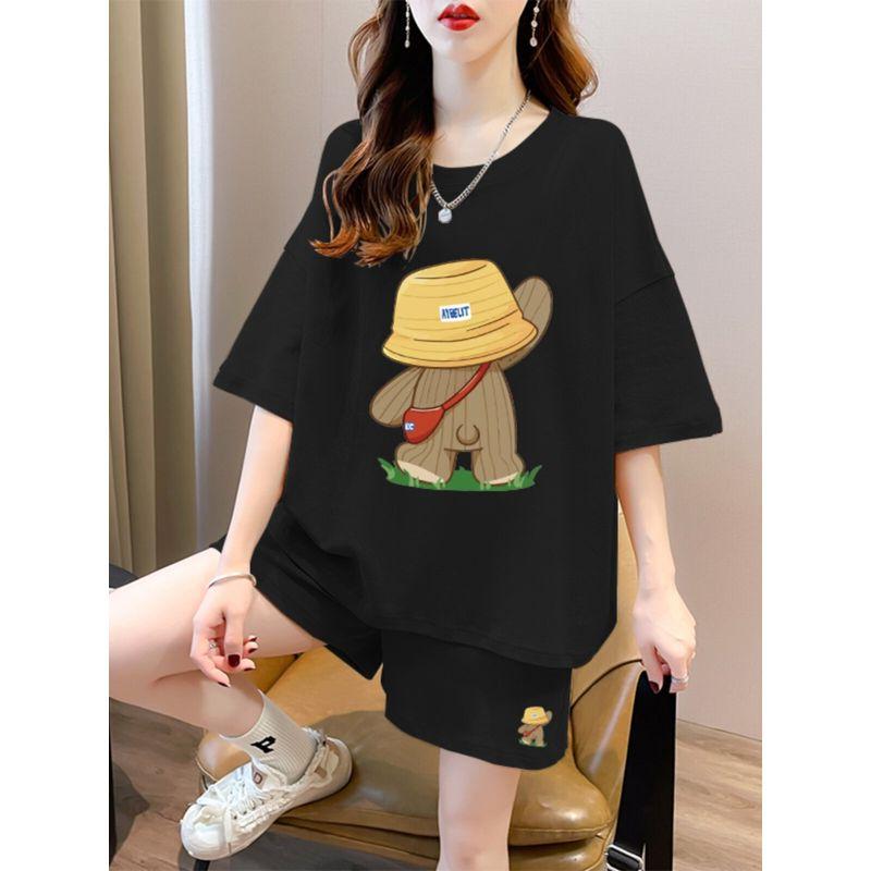 Pure Cotton Short Sleeve Short Pants Suit Women's Summer Plus Size Plus Size Ladies Loose Fashion Casual Sports Style Wear a Set of Fashion