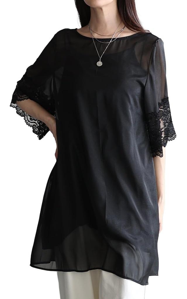 Lace Point Sheer Tunic with Back Ribbon Top Short Sleeve Lace Flared Layered Look Black Free Size Black - Women's - Sleeves, Sleeves, - -