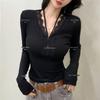 Lace Splicing V-Neck Long-Sleeve Thermal T-Shirt for Women - Autumn/Winter 2025 Fashion Style.