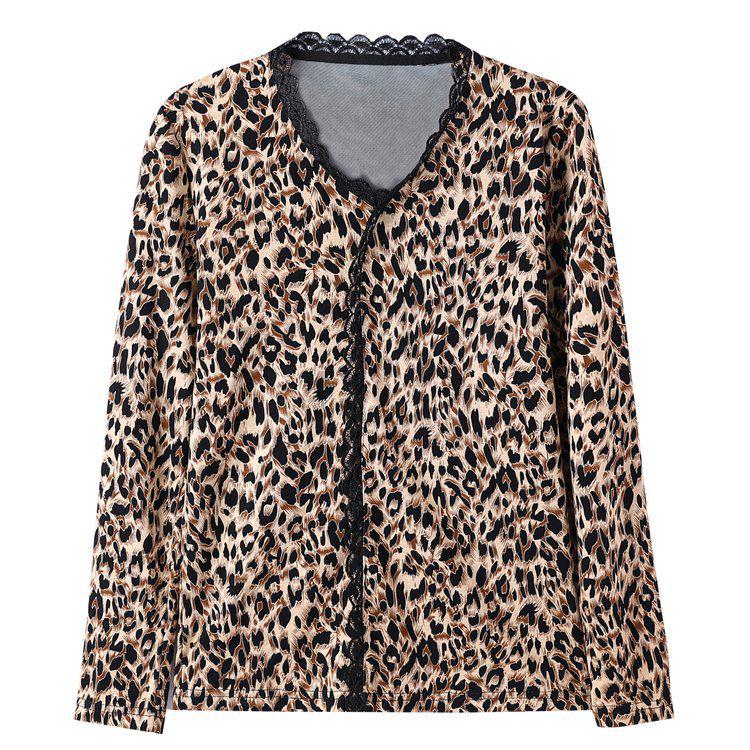 

Leopard Print Lace-Collar Long-Sleeve Shirt for Plus Size Mature Women 2XL