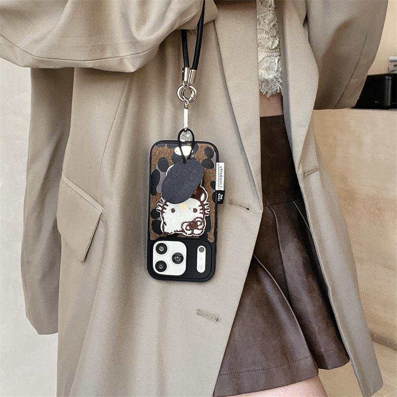 High-End Cow Print Kitty Lanyard & Embroidered Phone Case for iPhone 17/16 Pro Max/15/14