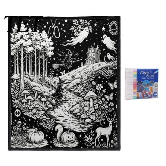 Cozy Warm Throw for Sofa Halloween DIY Coloring Blanket with 24 Markers, Washable Blanket, Color Art Therapy Relaxation Your Own Spooky Pattern
