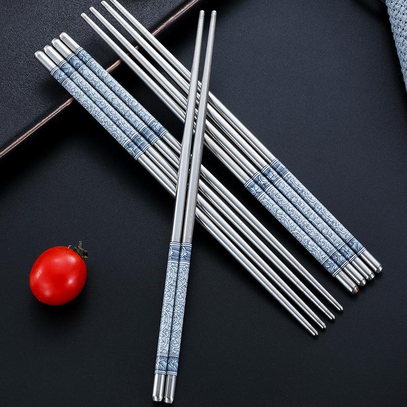 5/10/15/20Pairs Stainless Steel Porcelain Print Chopsticks Non-Slip Chinese Chopstick For Cooking Eating Easy To Clean
