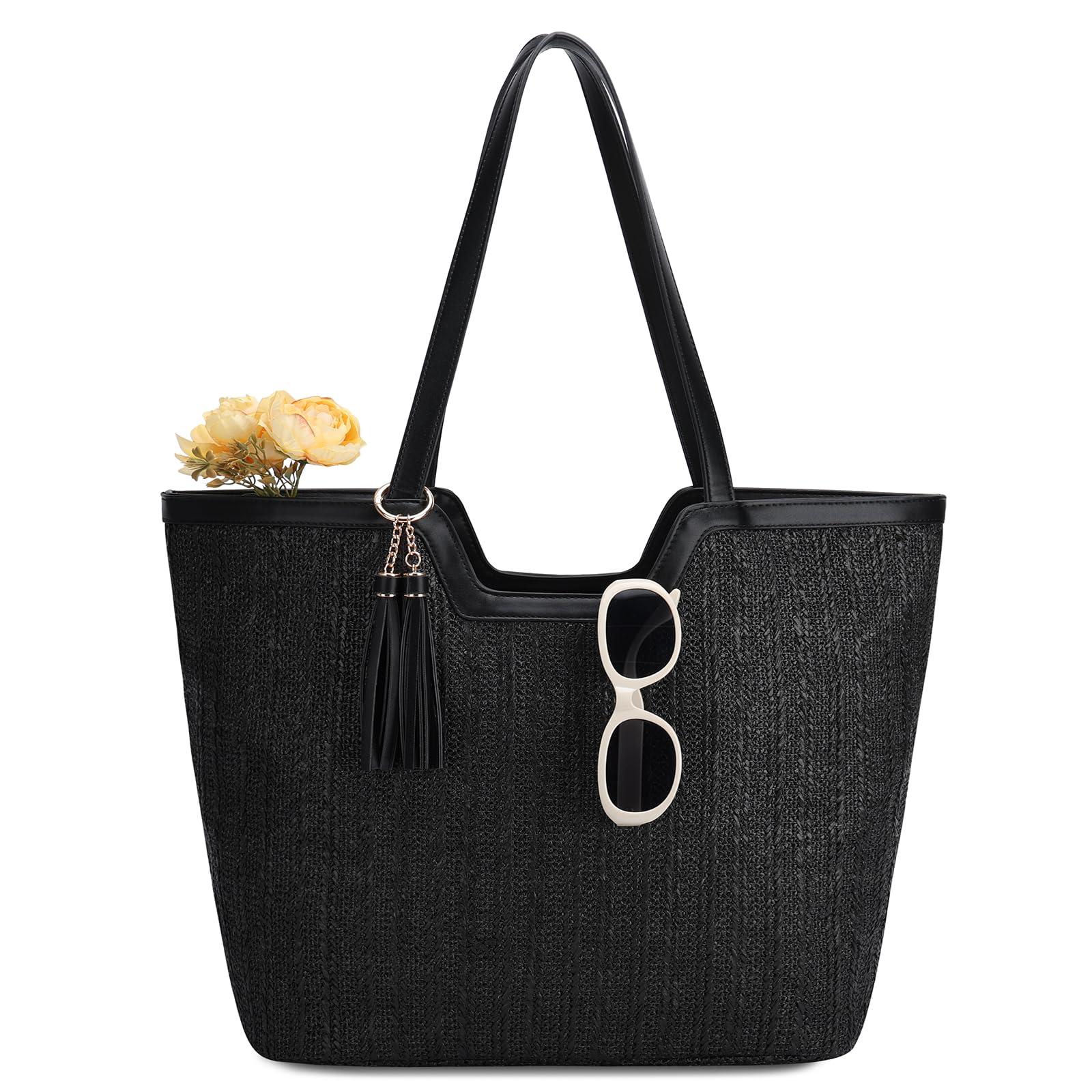 

VASCHY Basket Bag for Women, Straw-Woven Tote Bag, Beach Bag, Handbag, Straw Bag, Shoulder Bag, Lightweight, Large Capacity, Multifunctional, Travel,