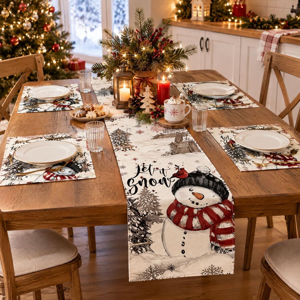 Runner da Tavola Pupazzo di Neve Albero di Natale Decorazione per Tavolo da Cucina e Sala da Pranzo per Feste in Casa, 5 Pezzi