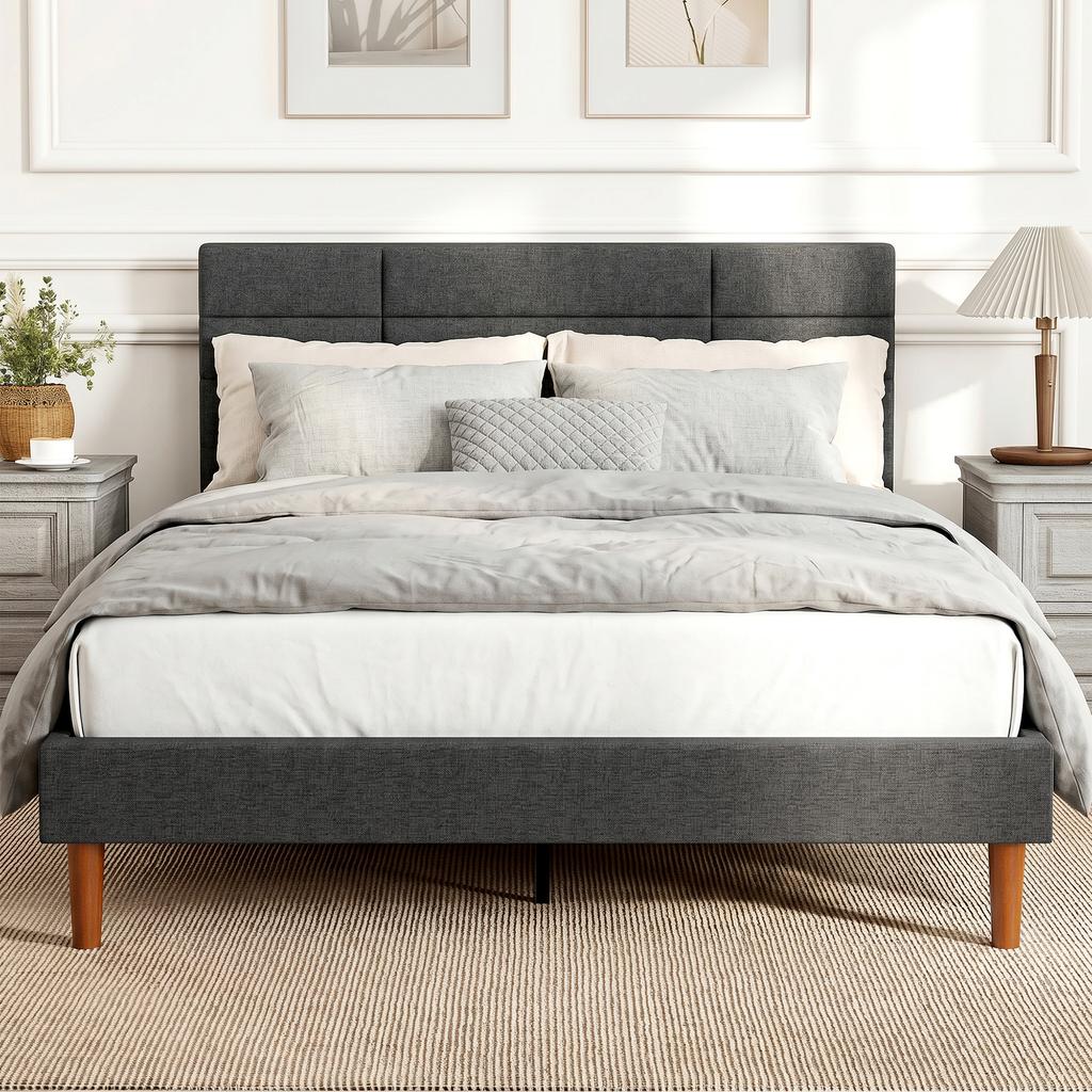 Bed Frame 140 X 200 Cm With Wooden Slatted Base Double Bed Upholstered In Linen Effect Storage Underneath Noise Free Gray