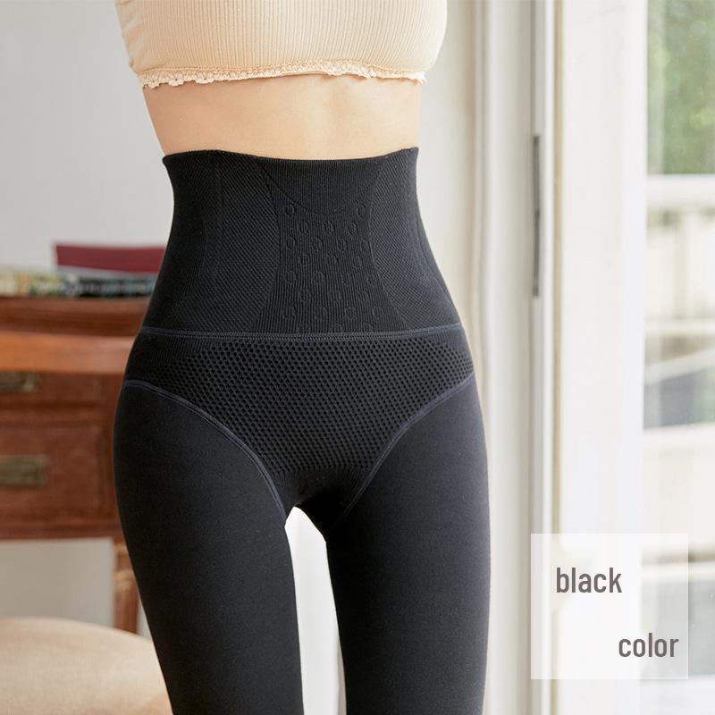 Women's High-Waist Fleece-Lined Cotton Leggings with Tummy Control - Slimming Black Autumn & Winter Pants