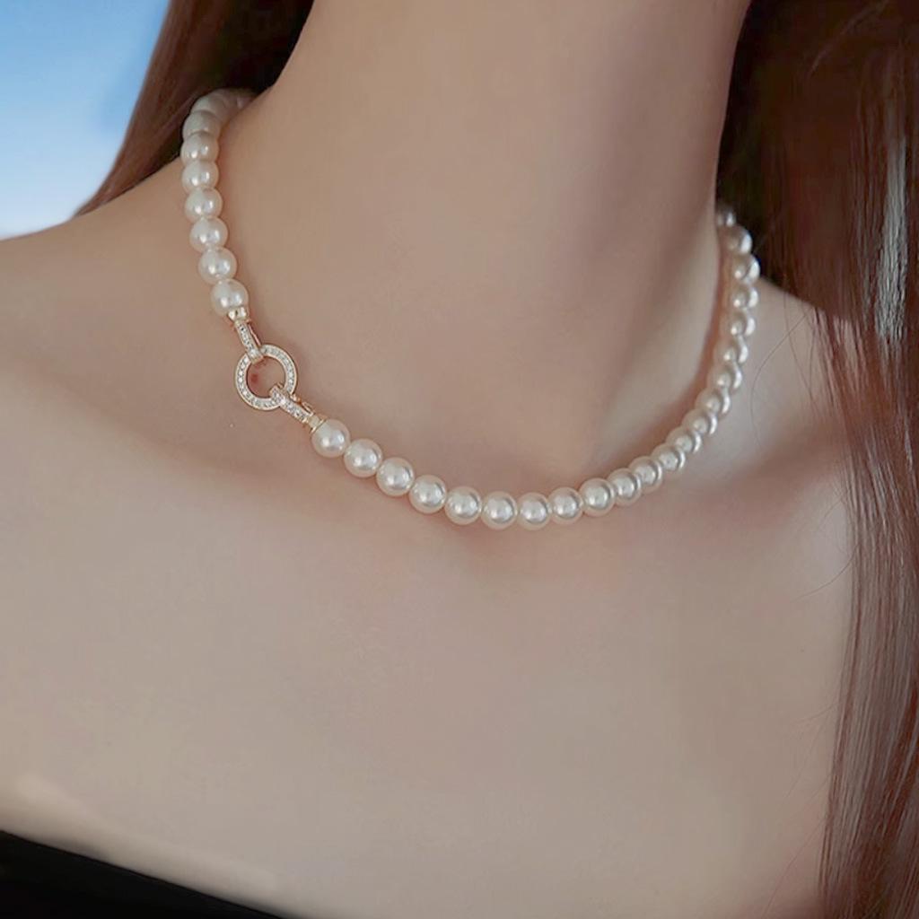 Natural Deep Sea Shell Pearl Necklace & Bracelet Set - Three-Piece Round Choker for Women
