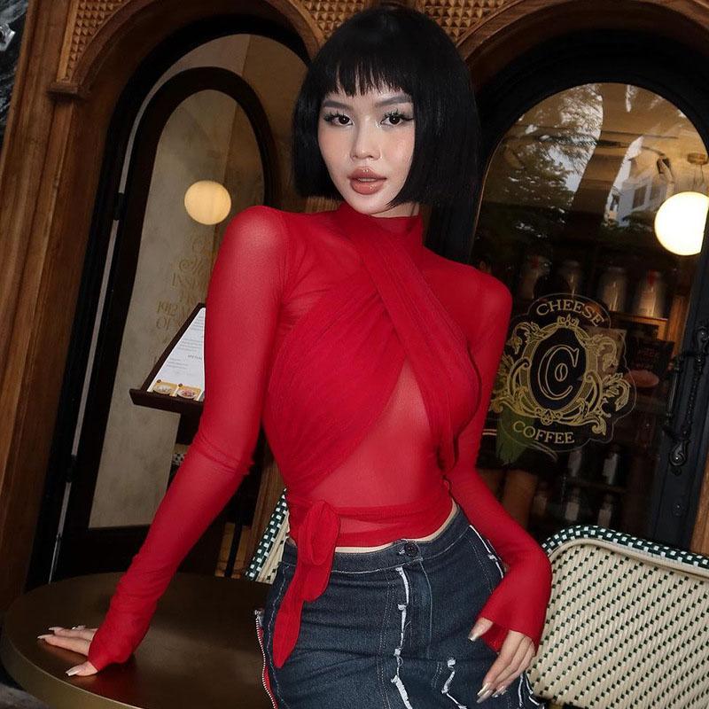 2025 Frühling Mode Mesh Rollkragen Langarm Rot Drapierter Verband Sexy Durchsichtiges Crop T-Shirt Top Streetwear Club
