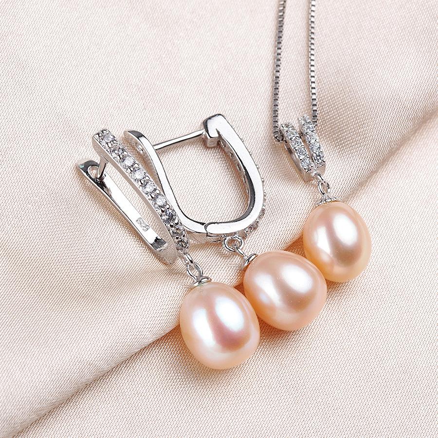 YWYC Horseshoe 8-9mm Rice Freshwater Pearl Earrings&Necklaces Jewelry Set for Women 925 Silver 45cm Pendant Necklace