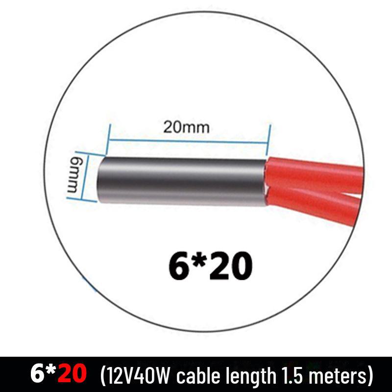 Topná tyč 3D tiskárny, průměr 6 mm, délka 2030 mm, 12V/24V, 40W, délka vodiče 2 m