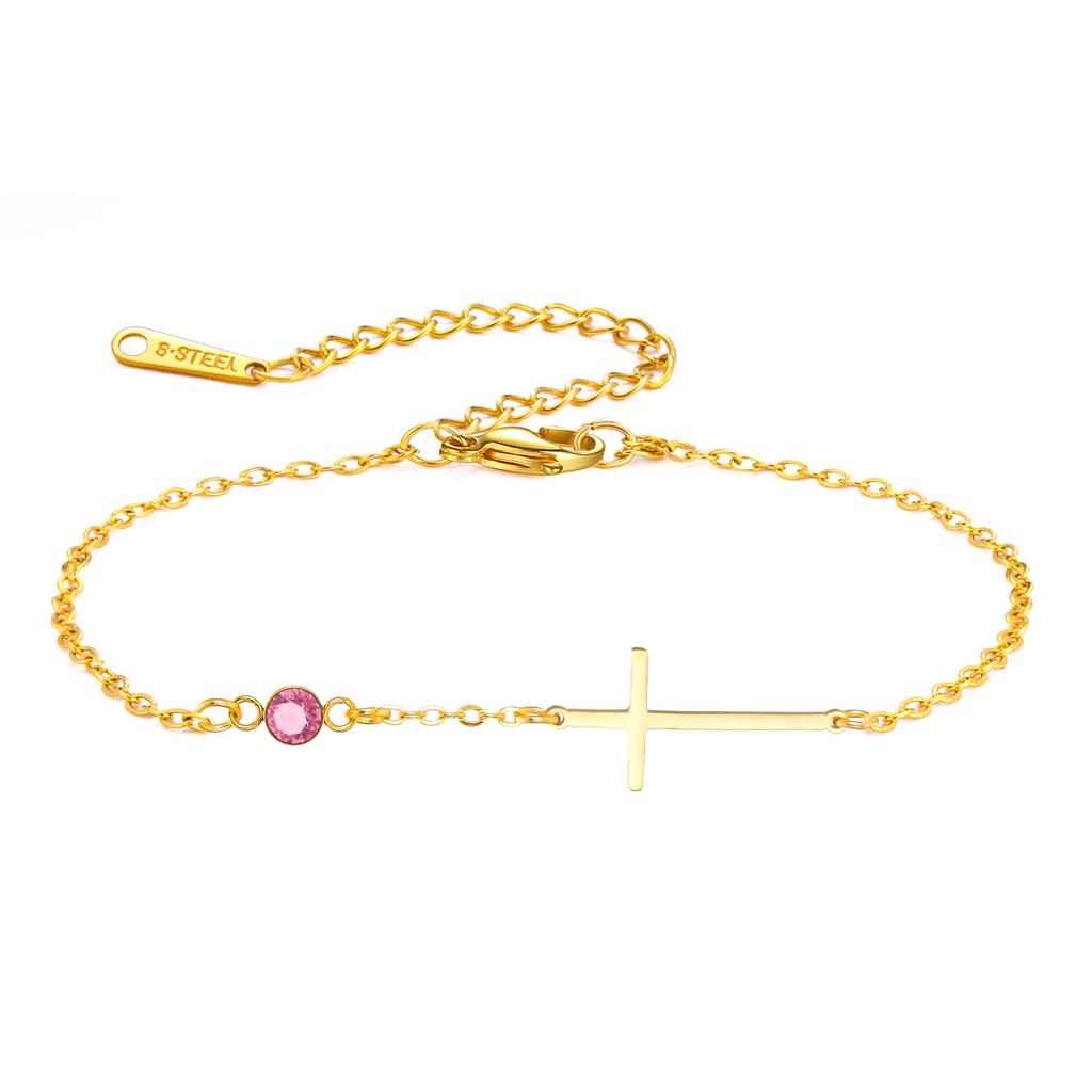 Trendy Jesus Cross Birthstone Charms Bracelet Stainless Steel 12 Birth Month Bracelets for Women Girls Jewelry Birthday Gifts