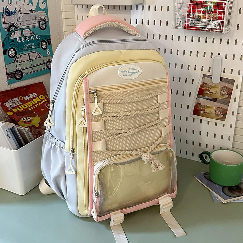 Nylon Backpack For Teens With Colorful Splicing And Letter Pattern For Daily Use