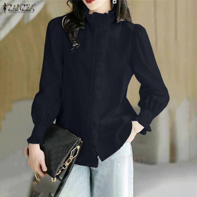 ZANZEA Damska bluzka z długim rękawem i stójką w jednolitym kolorze