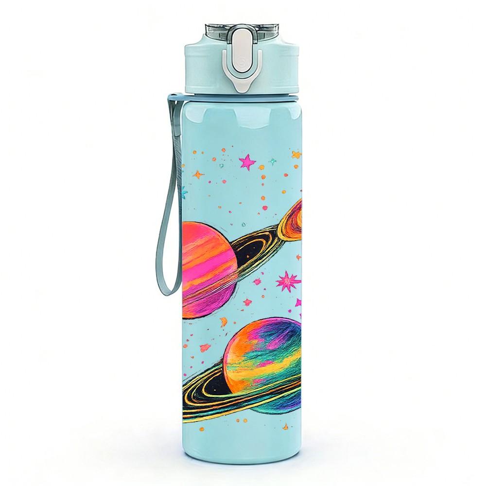 1PC Rocket Planet Outer Space Pattern 750ml Color Plastic Sports Water Bottle Leakproof Flip Straw Lid Suitable for Sports Office Home Use