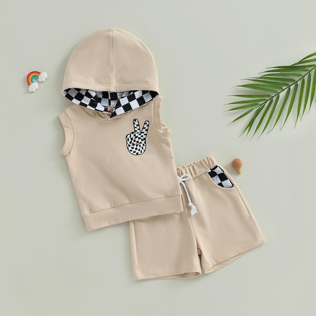 Toddler Boys 2PCS Shorts Sets Sleeveless Hooded Vest and Drawstring Checkerboard Shorts Sets