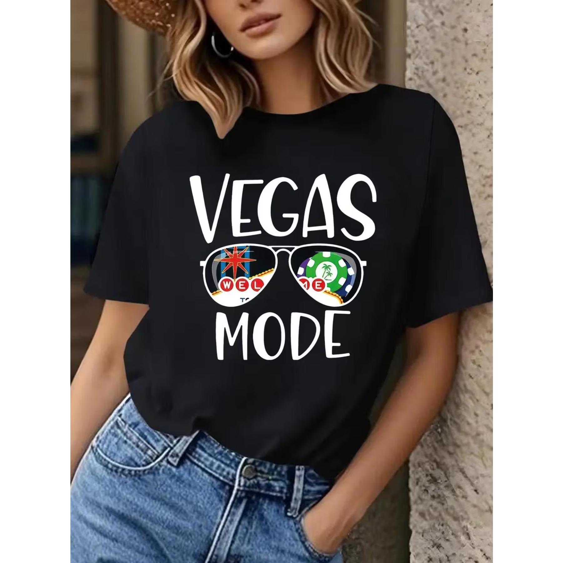 

Women s Las Vegas Neon Sign & Glasses Graphic T-Shirt - Short Sleeve Crew Neck Casual Top with Night Out Design, Spring Summer Blouse XXL чорний