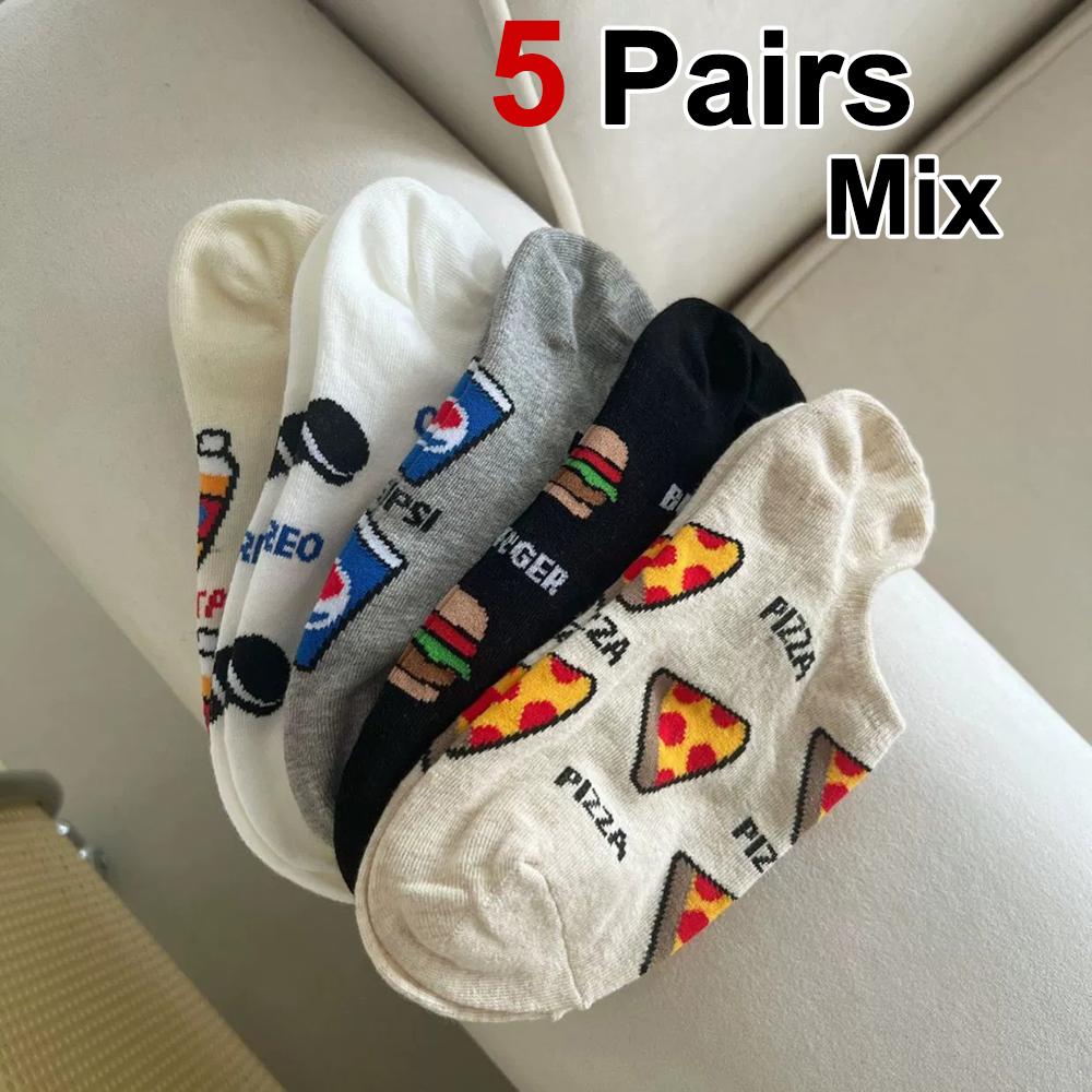 

5/10 пар женских носков с рисунком из мультфильмов, модные летние носки с рисунком бургера и пиццы, удобные, впитывающие пот, дышащие, носки-лодочки One Size