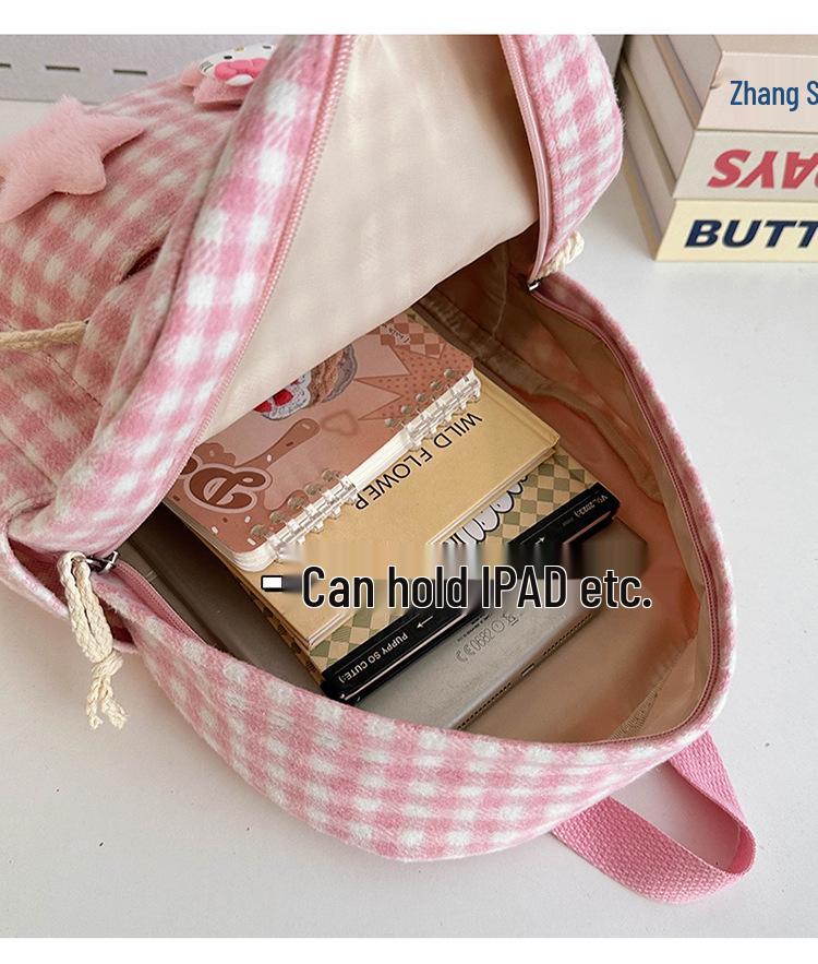 Large Capacity Pink Plaid Japanese Cute KT Girls' School Backpack