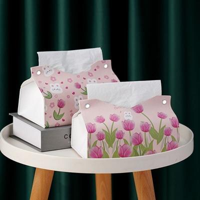 Fashion Rabbit Tulip Tissue Case Leather Printing Napkin Holder Oil Painting Durable Paper Towel Box for Office