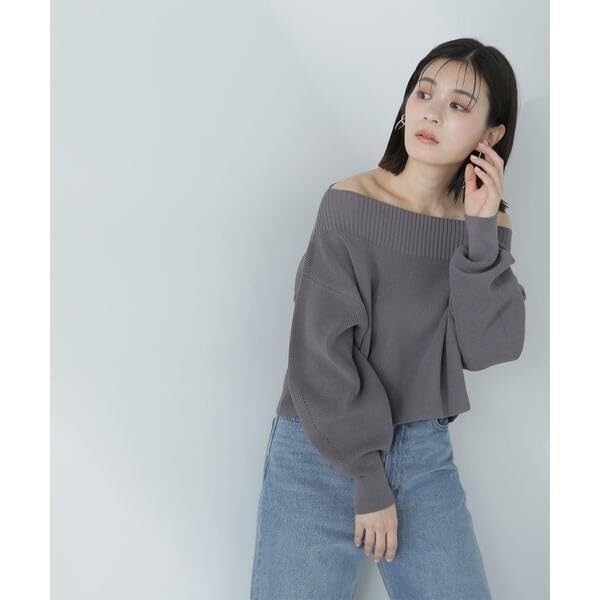 Beauty Cropped Knit Red [Natural Basic] Off-the-Shoulder Sweater,