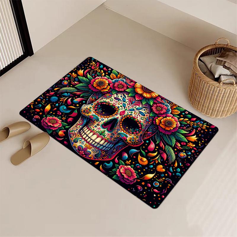 Halloween Smiling Flowers Skull Doormat Soft Rug For Bedroom Living Room Carpet Welcome Mat Outdoor Carpet Home Decoratio