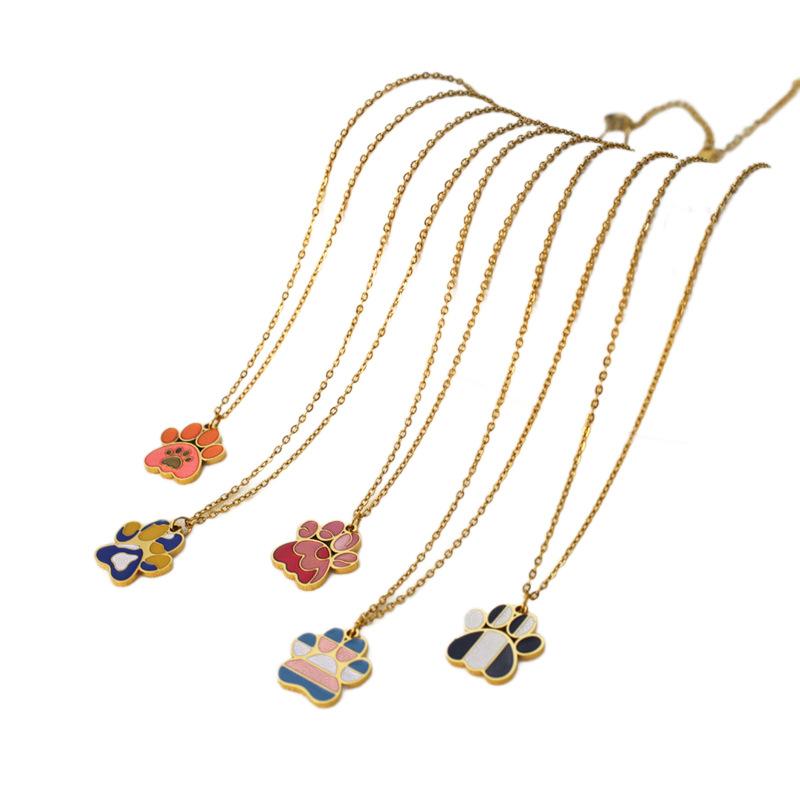 Niche Design Cute Sweetheart Cat Claw Necklace Collarbone Chain, Oil Dripping Stainless Steel Animal Footprint Pendant